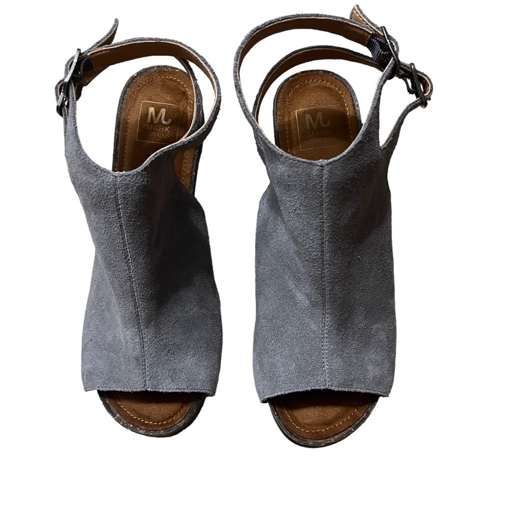 MARK JENKINS Suede Wedge Sandals in Platinum Gray Size 8 — Worn 1X - Picture 2 of 7